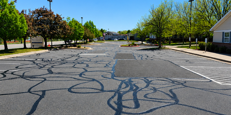 Close-up of high-quality asphalt sealcoating application for commercial pavement protection and durability.