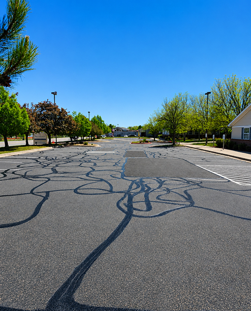 Fresh crack sealing treatment applied by Prime Line Company to protect asphalt pavement from water intrusion and deterioration