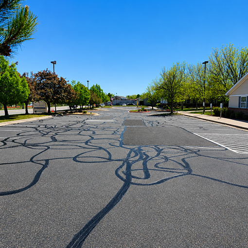 Commercial asphalt crack sealing project completed by Prime Line Company in Denver, Colorado.